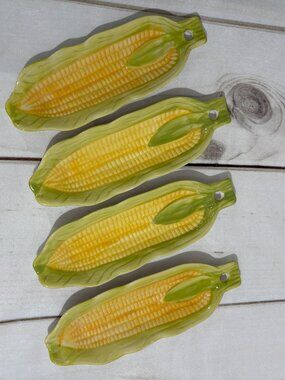 Vintage Ceramic 9" Corn on Cob 3D Dishes Holders Plates Set of 4, Holes to Hang